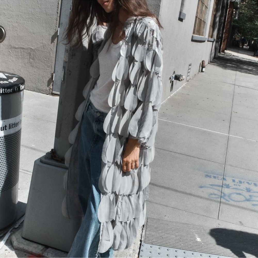 Zara Light Gray Layered Petal-Detail Long Coat - Picture 3 of 14